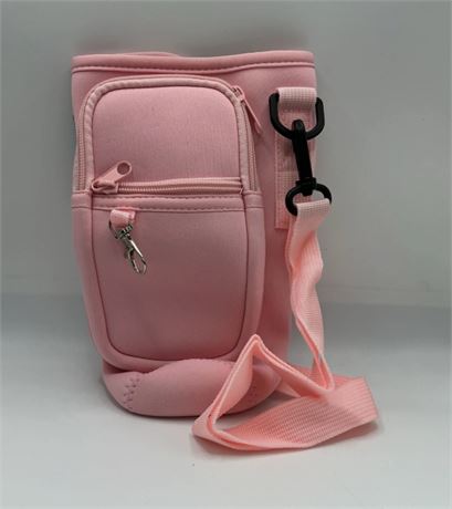 Water Bottle Holder with Shoulder Strap and Cell Phone Pocket- Pink