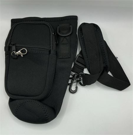 Water Bottle Holder with Shoulder Strap and Cell Phone Pocket- Black
